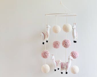 Handmade 'Llama Nursery Mobile' in Blush Pink, Llama Mobile, Llama Nursery, Boho Baby Room Decor, Llama - MADE TO ORDER