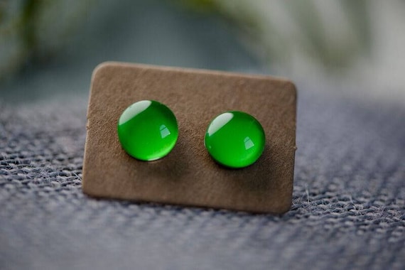 Toffee Apple Green Glass Earrings - Surgical Steel Hypoallergenic Green Studs - Free Postage Sensitive Earrings