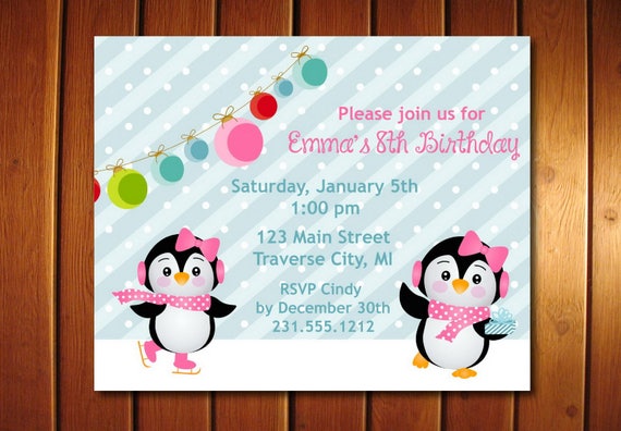 Penguins Ice Skating Birthday Invitation, Kids Ice Skating Birthday Party Invitation for Girls, Ice Skating Party Il_570xn
