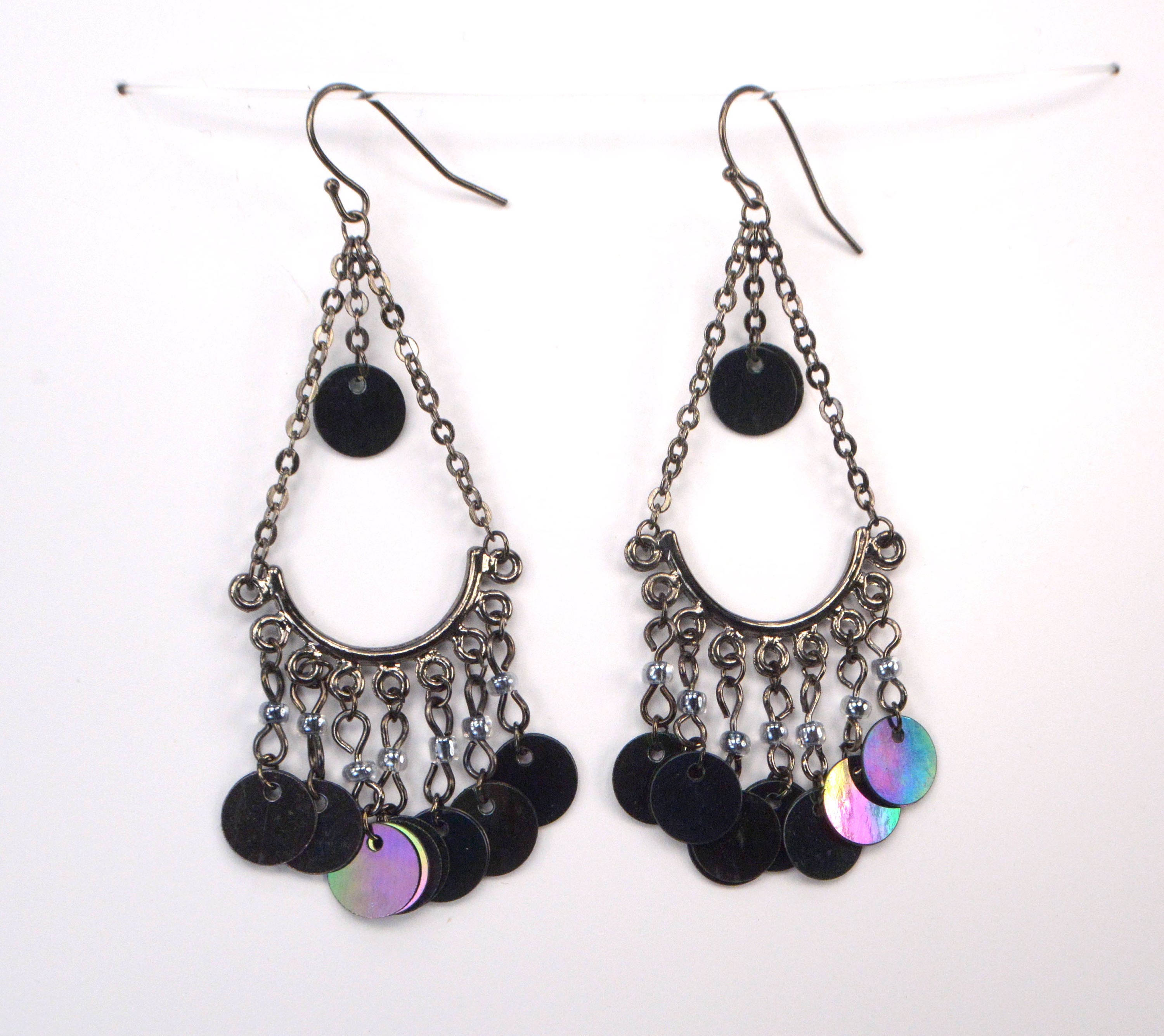 Black Chandelier Earrings Gunmetal Iridescent Sequin Dangle