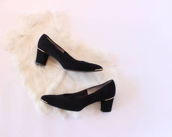 Vintage Black Suede Pumps Gold Toe and Heel Size 7 Chunky Heel High Heels