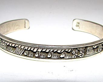Native American Navajo Sterling Silver Storyteller Cuff Bracelet Hand Etched Native American Cuff