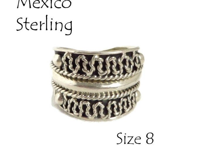 Vintage Mexico Cigar Band Ring, Sterling Silver Scrolled, Braided Wide Band Ring, Size 8
