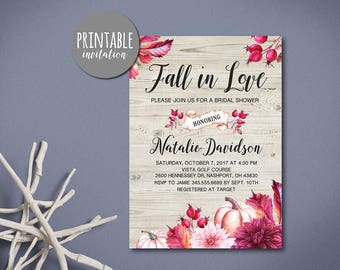 Fall Bridal Shower Invitation, Fall in love Bridal Shower Invitation Burgundy Floral Rustic Bridal shower invite Pumpkin Bridal Shower