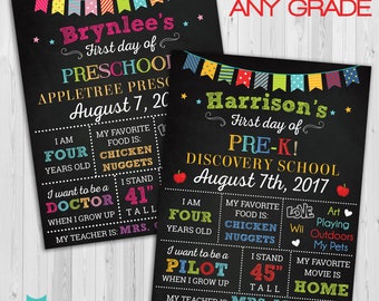 First day of Preschool sign, First day of school sign, Girls Preschool PreK Chalkboard poster, 1st day Back to School Sign Printable ANY AGE