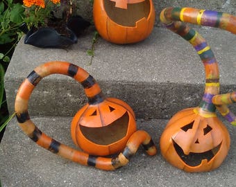 Goofy Jack O Lantern Gourd, Carved Pumpkin, Crazy Striped Hat, Halloween Pumpkin Gourd, Halloween Yard Art, Halloween Decoration, Lantern