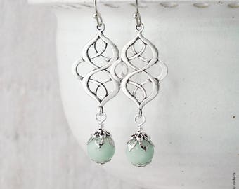 Amazonite Earrings, Pale Mint & Silver Celtic Earrings, Pagan Gemstone Earings, Celtic Knot Earrings, Green Gemstone Jewellery, Handmade UK