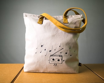 Music tote sturdy heavy cotton canvas tote bag for shopping, zippered tote bag, soft suede handles, dancing Radio music graphic, warm gray