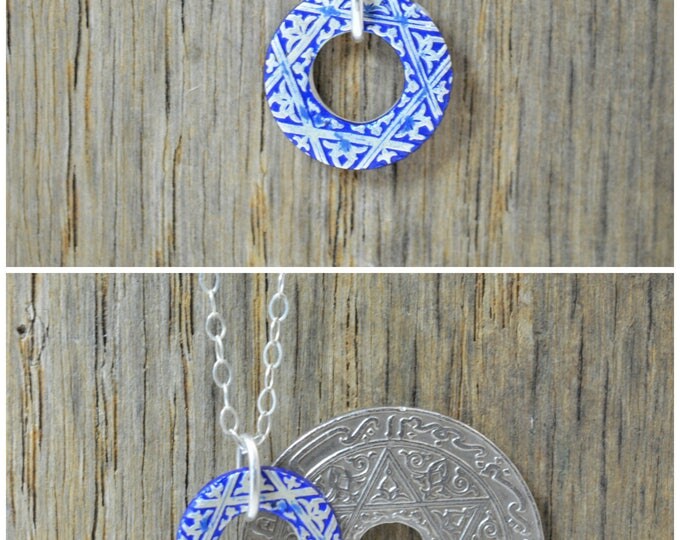 Moroccan Coin Necklace, Blue Coin Necklace, Coin Art, Morocco, Silver Coin, Moroccan Art, Boho Necklace, Two-Sided, Coin Charm, Charm