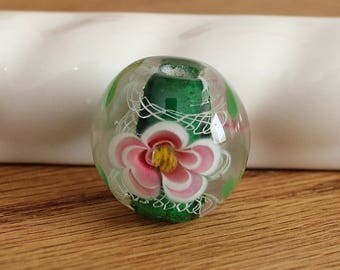 Large Lampwork Glass Focal Bead. Clear with Green Pink White Floral Design. 20mm. #593