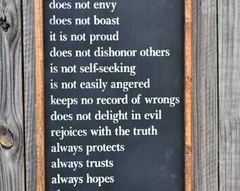 Love is Patient, Love is Kind. 1 Corinthians 13:4-7. Farmhouse Sign. Rustic Wood Sign