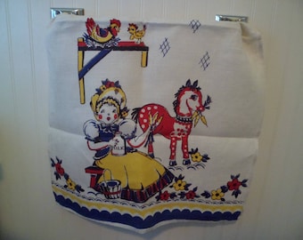 Vintage Broderie Creations Kitchen Tea Dish Towel Table Runner Farm Lady Horse Chickens Flowers