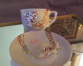 Occupied Japan 1940s Embossed Dragon Made In Occupied Japan Moriage Dragon Tea cup and saucer plate Cream Beige brown White Dragon