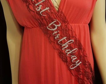 21st Birthday Sash-Lace Ribbon with Glitter Writing