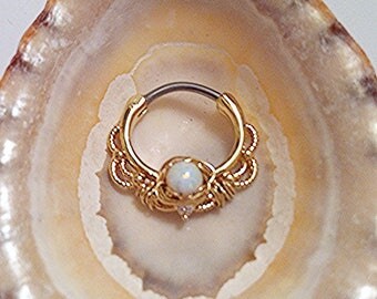 Wire Wrap Gold White OPAL lace filigree Septum Clicker, 316L surgical steel bar DAITH Ring 16g