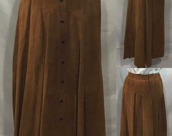 1980's | Cedar Skirt | GENUINE Leather | brown with pleats