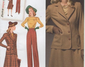 Repro 1940s Womens Suit with Jacket Blouse & Pants Plus Size 20 22 24 26 28W Uncut Sewing Pattern