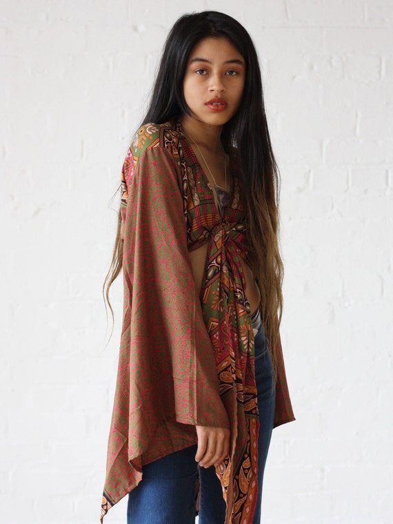 KIMONO TIE TOP - Bell sleeve crop top- Silk Tie Top- Vintage- Festival Top- Retro- 70s- Crop Top- Kimono- Paisley top- 100% Silk- Couture