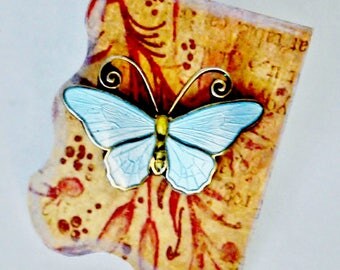 Sterling Silver Sky Blue Yellow Guilloche Enamel Butterfly Tie-Tack Lapel Pin Brooch, Captivating! Custom Vintage Up-Cycle Perfect Condition