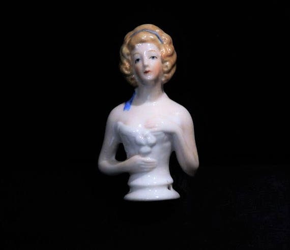 German Porcelain Half Doll Art Deco 1920s Germany Pin Cushion Pincushion Girl Lady Corset China Doll Vanity Cottage Home Decor Boudoir