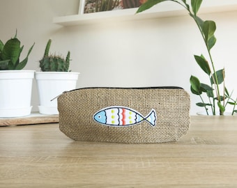 Burlap Zippered Pencil Case with Fish Applique, cool pencil case, cute pencil case, pouch, burlap pouch