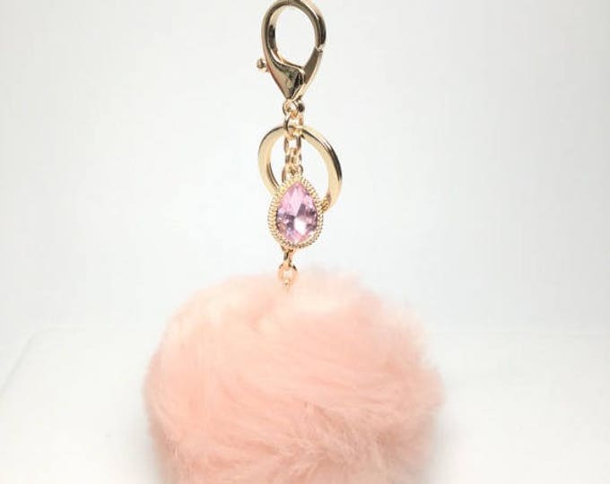 NEW! Faux Rabbit Fur Pom Pom bag Keyring keychain artificial fur puff ball in Pale Pink Crystals Collection
