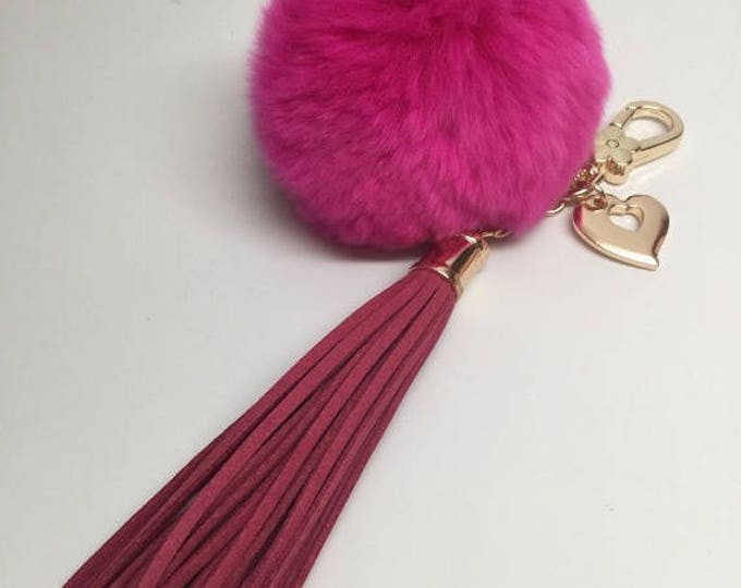 Hot Pink 8cm Rex Rabbit fur pom pom ball keychain or bag pendant with heart charm leather tassel