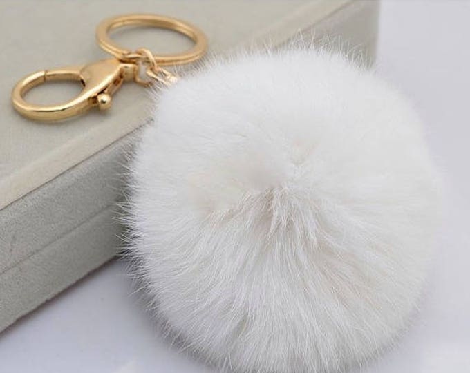 White Cute Genuine Rabbit or rex rabbit fur pom pom ball plush key chain for car key ring Bag Pendant
