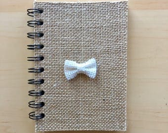 Burlap notebook, blank notebook, blank journal, 4x6 journal, 4x6 notebook, bow notebook, spiral notebook, spiral journal, burlap journal