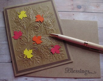 Thanksgiving Card, Blessings, Autumn Leaves, Red, Yellow, Orange, Maple Leaves, Happy Thanksgiving, Embossed, Kraft Paper, Handmade