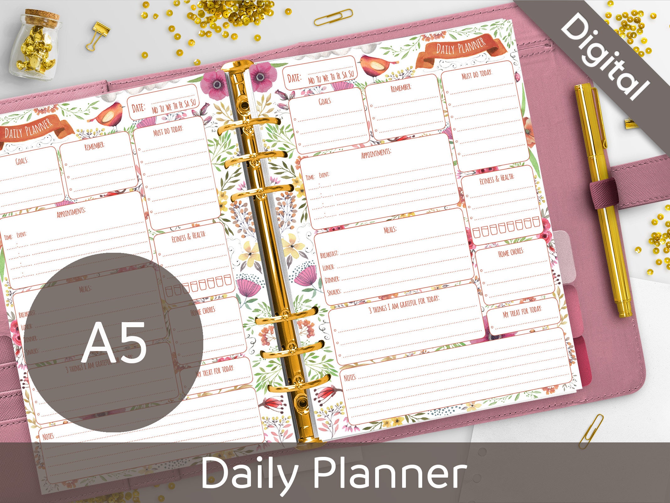 A5 Daily Planner Printable Filofax A5 Printable Refills