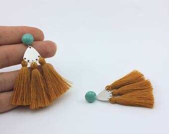 Mustard Fan Tassel Earrings with Jade Swarovski Cabochons and Handmade Tassels, Handmade Jewelry by Detail London.