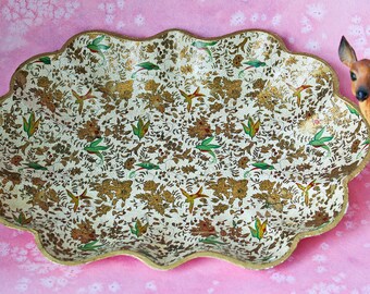Gold Floral Bird Chintz Paper Mache Serving Vanity Tray Made in Japan: Mid Century Retro Japanese Tole Hollywood Regency