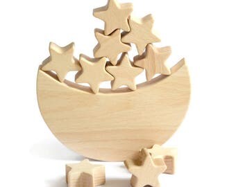 Moon Star Balance Toy - Wooden game - Moon Star Rocket Planets - Educational balancing set - Wooden toy
