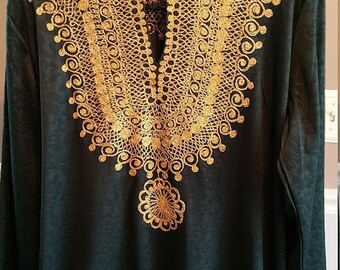 ON SALE Caftan. Cosplay Costume Piece. Heavy brocade in Gold on Dark Green Polyester.