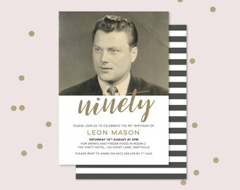 90th Birthday Invitation with photo - any age! Ninetieth birthday invitation for men, double sided invitation to print yourself. 70th, 80th