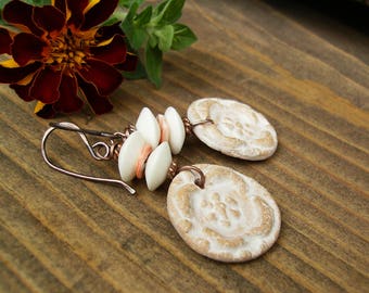 Rustic Boho Earrings, Earthy Flower Earrings, Artisan Ceramic Dangle Earrings, Long Copper Earrings, Bohemian Earrings, Gypsy Clay Earrings
