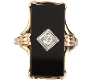Diamond ring Vintage | black onyx | Art Deco period | 10 kt rose / yellow gold | 2.7 mm swis cut diamond | H VS2 | stacking ring | 1930