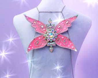 Baby pink glitter glass rhinestone silver body chain adult fairy wings rave fairy festival wedding wings halloween costume