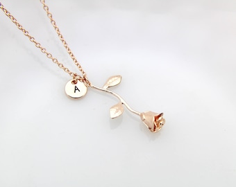 Rose Gold Necklace, Rose Gold Rose Charm Necklace, Love Rose Charms, Flower Charms, Personalized Necklace, Initial Charm, Initial Necklace