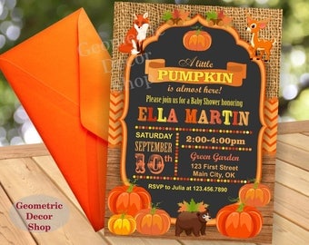 Pumpkin Baby Shower Invitation, Pumpkin Invitation, Fall Baby Shower Invitation, woodland animals fox deer bear, rustic burlap Pumpkins BSF1
