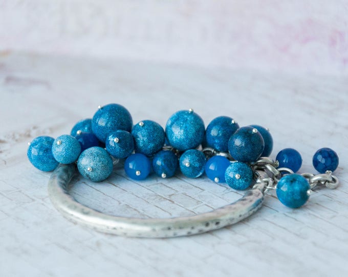 Womens blue bracelet, Blue beaded bracelet, Silver blue bracelet, Blue bridal bracelet, Blue bangle bracelet, Celestial bracelet