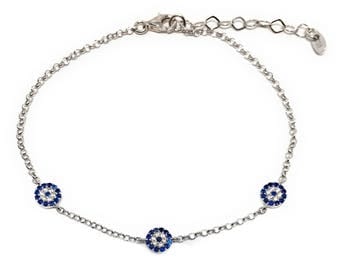 Evil eye Bracelet 925 Sterling Silver Three Charm Zircon Stones Turkish Fashion Jewelry