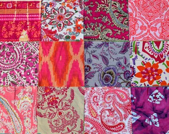 Boho Fabric Squares / Pink Quilting Fabrics / Hippy Bohemian Textiles / Indian Fabric Bundle / Charm Pack / Upcycled Patchwork Squares