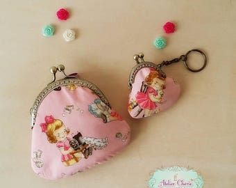 Porte monnaie + Porte clés fermoir métal vintage "Petite Fille rétro"