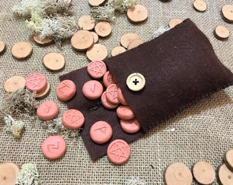 Large Handmade Clay Elder Futhark Runes - with Brown Handsewn Felt Bag