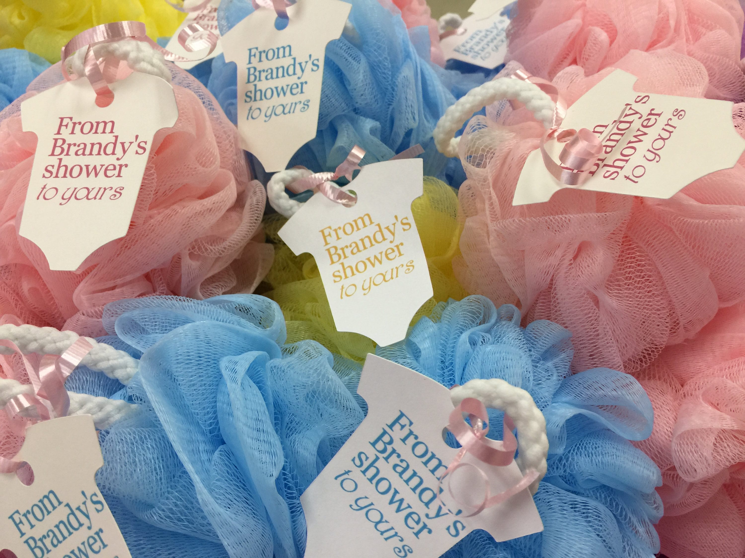 Baby Shower Favor Bath Poufs and Tags