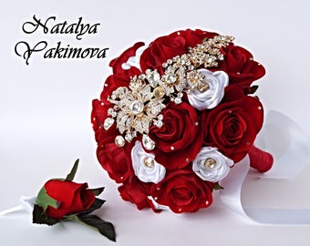 Full price. Brooch Bouquet, Red Brooch Bouquet, Bridal Bouquet, Wedding Bouquet, Fabric Bouquet, Unique Bouquet, Red, Cold