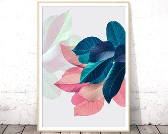 Pink Leaves Wall Art, Housewarming Gift, Pastel Pink and Blue, Girlfriend Printable Gift, Modern Plant Print, Tropical Leaf Printable Poster