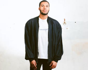 Black Bomber Jacket . Vintage Oversized Bomber Jacket Mens Silk Bomber Zip Up Retro 90s Jacket Hipster Outfit Boyfriend Wear . size XL